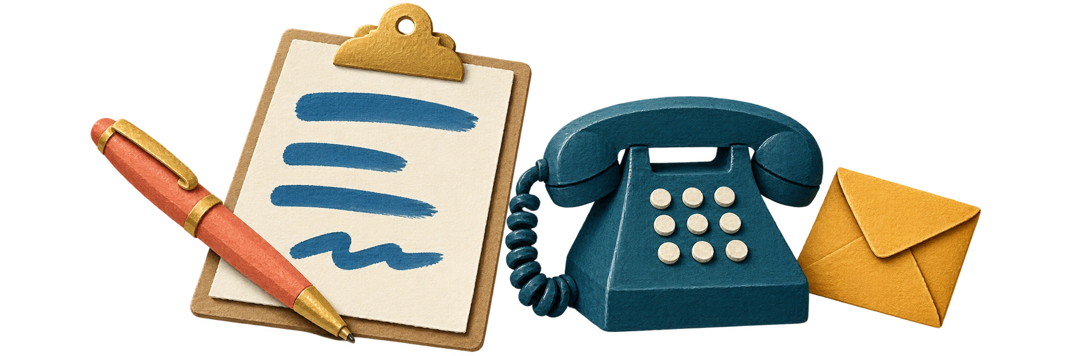 A clipboard, pen, telephone and envelope.