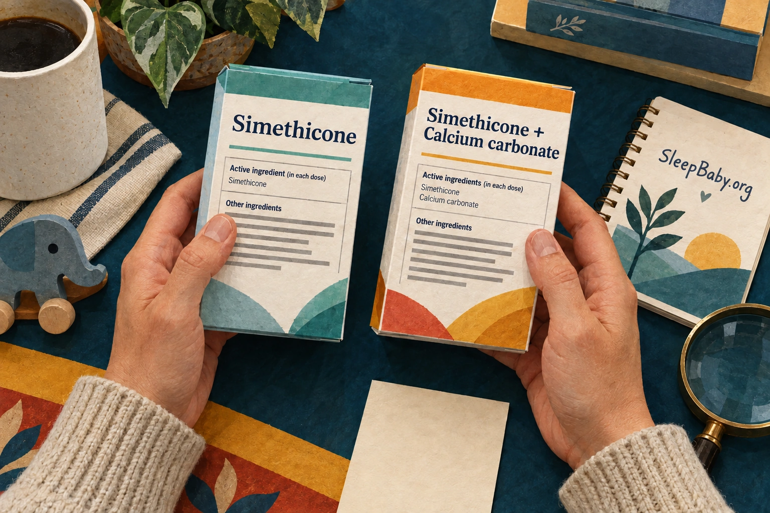 Illustrated teaching cartons compare simethicone alone with simethicone plus calcium carbonate.