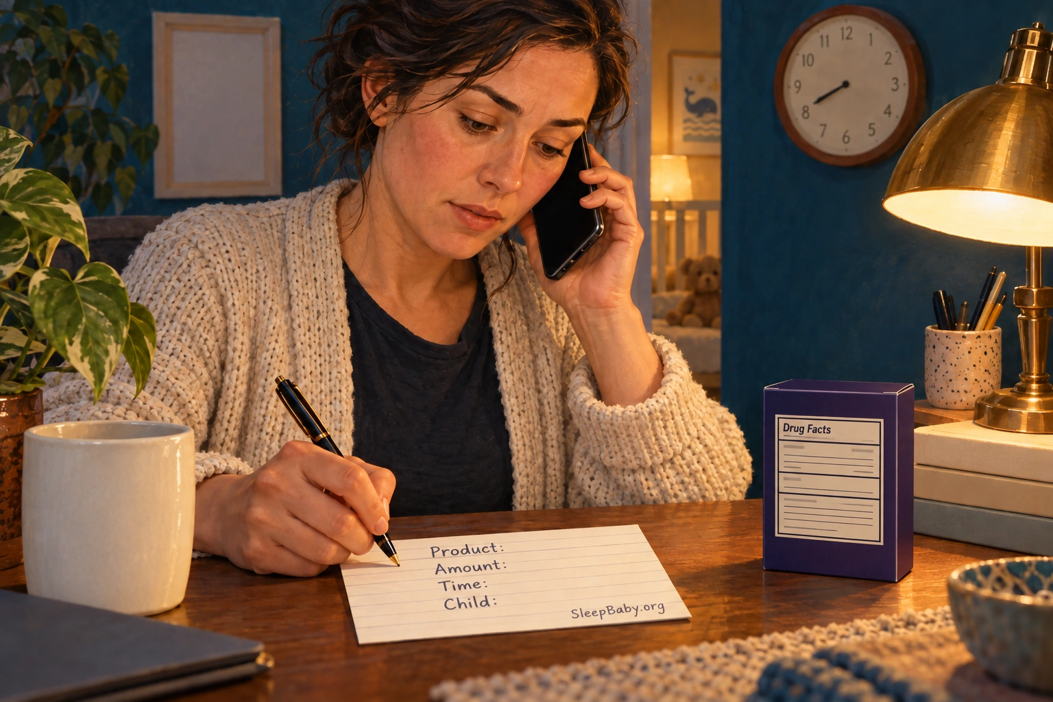 A parent writes product, amount, time and child details while speaking on the phone.