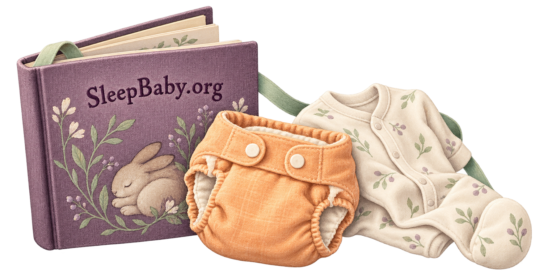 Plum bedtime book beside an apricot cloth diaper and folded ivory pajamas.