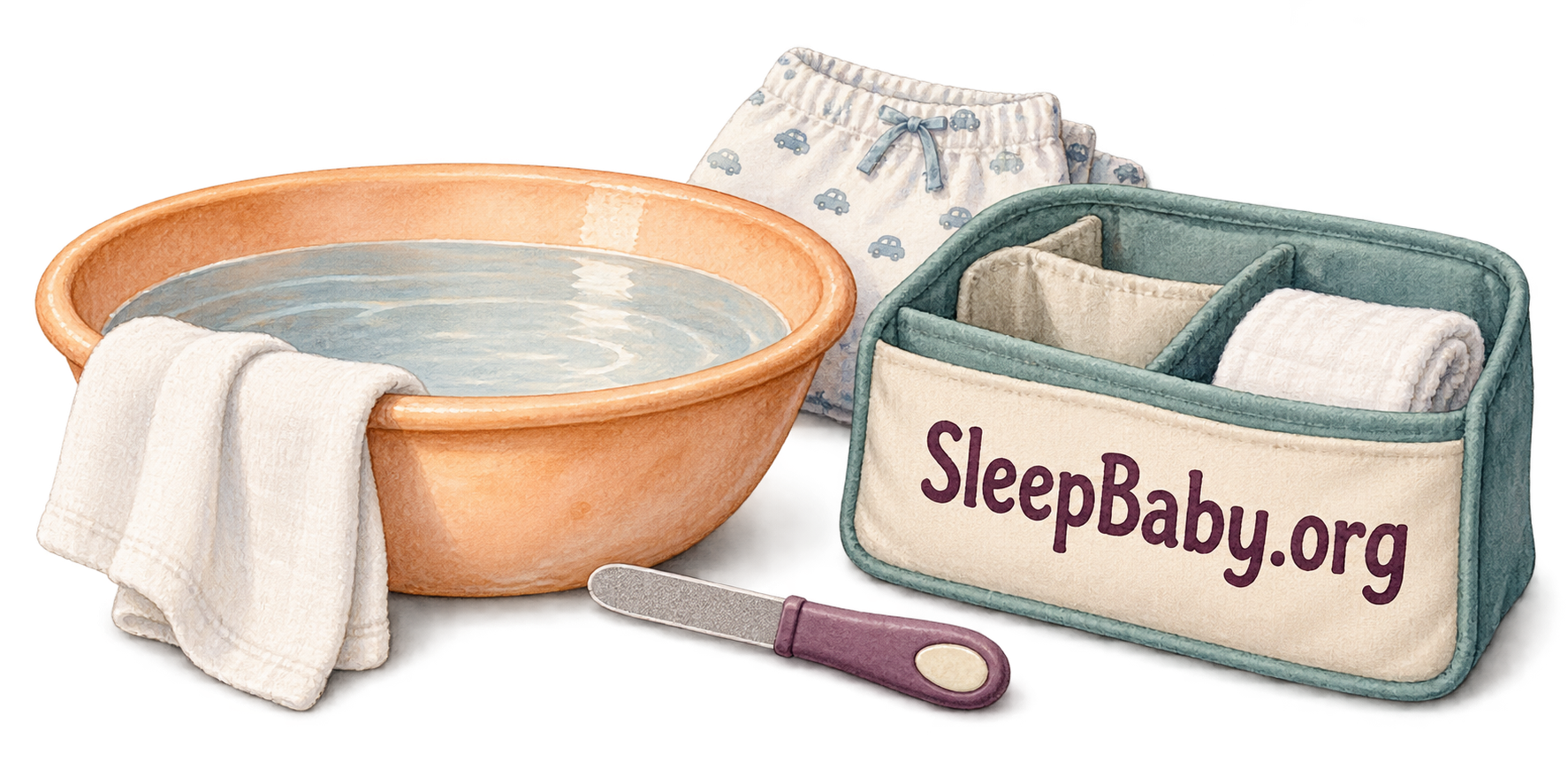 A clean cloth draped over a wash bowl, a rounded baby nail file and an evening care organizer.