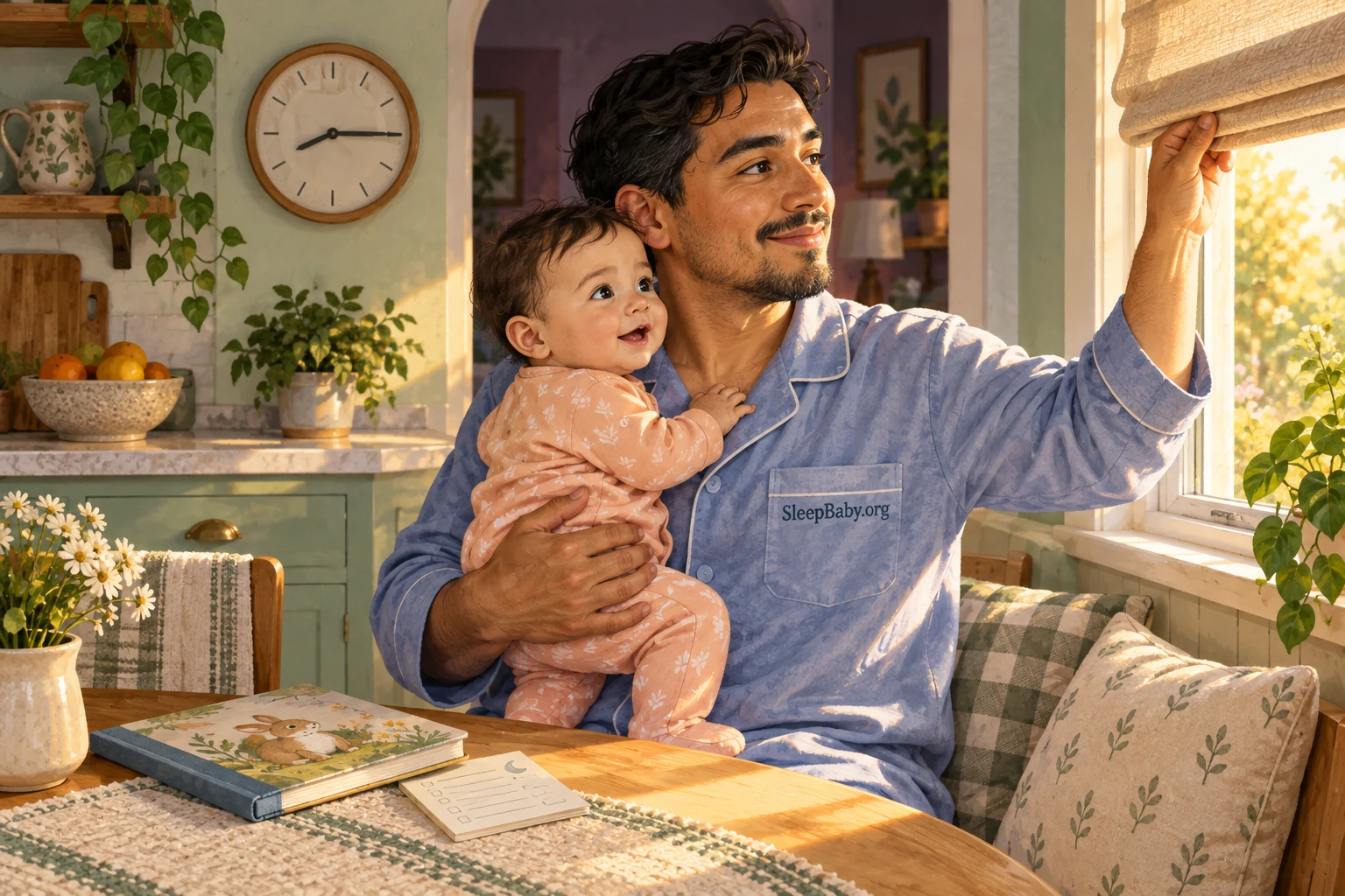 An awake father holds his awake baby securely while opening a cordless blind to ordinary morning daylight.