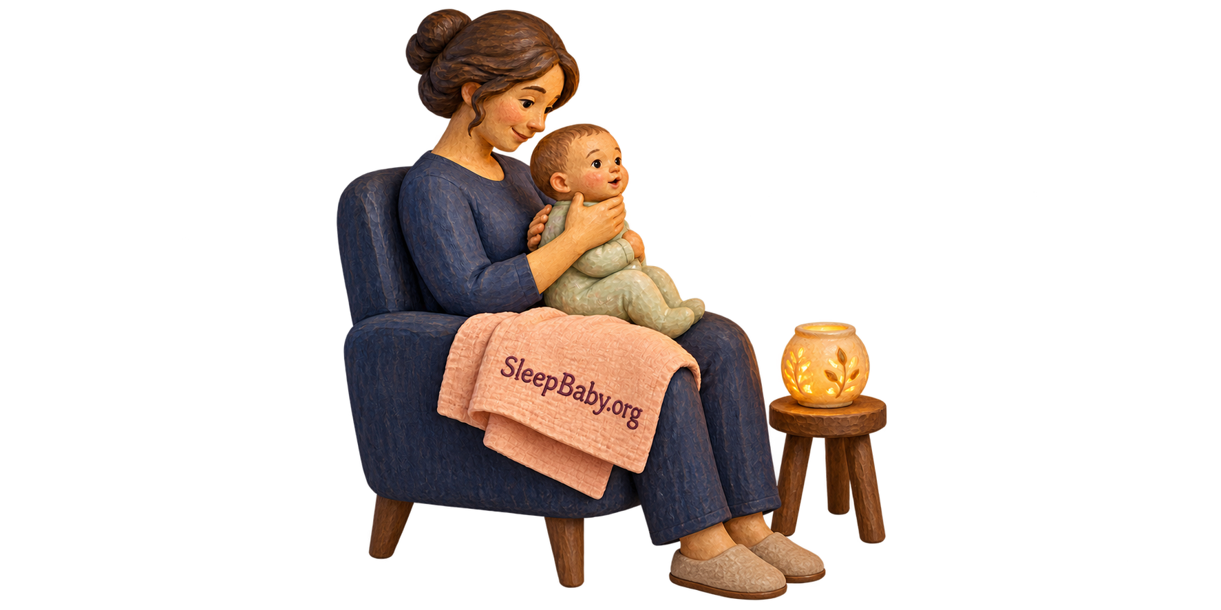 Painted-wood-style caregiver holding a baby supported on her lap beside a small warm light, isolated on transparency.