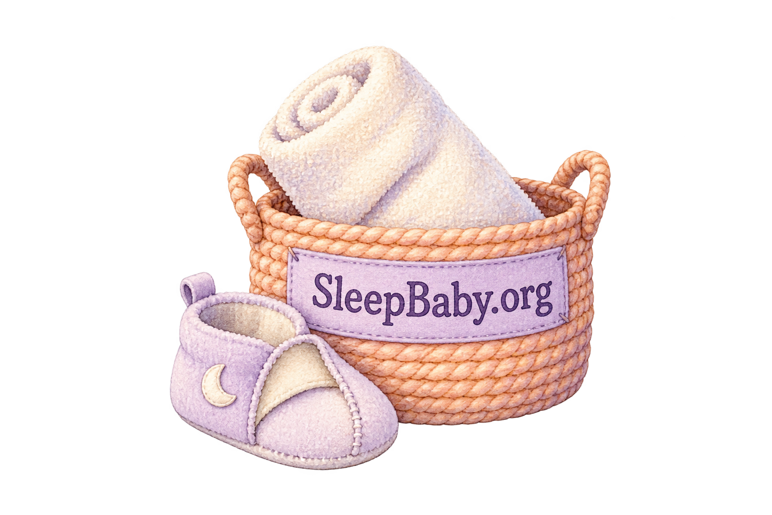 A clean terry towel and open soft baby slipper sit beside a small bedside supply basket.