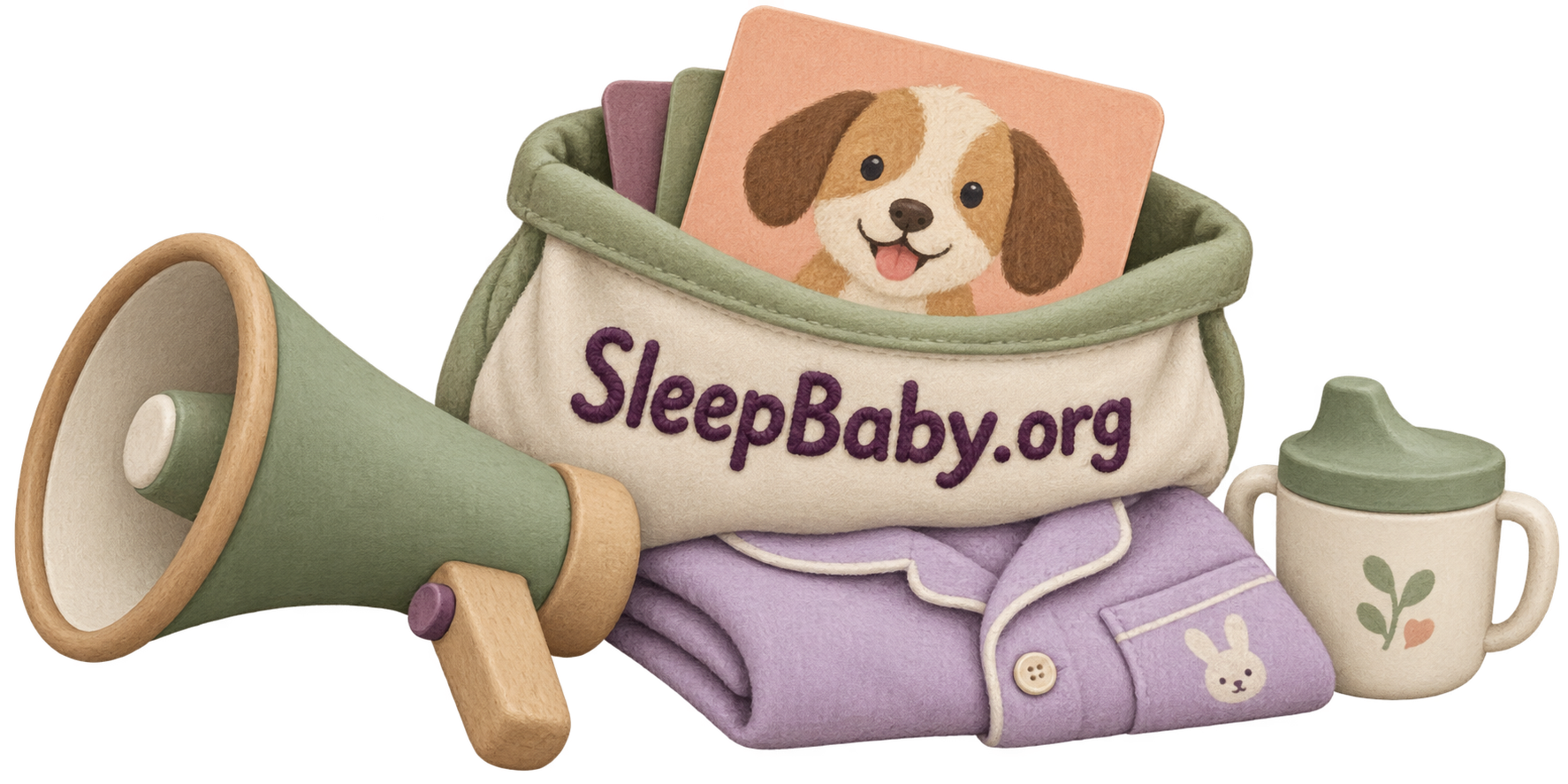 A toy megaphone rests beside an animal play card, a cloth storage pouch, a small water cup, and folded pajamas.