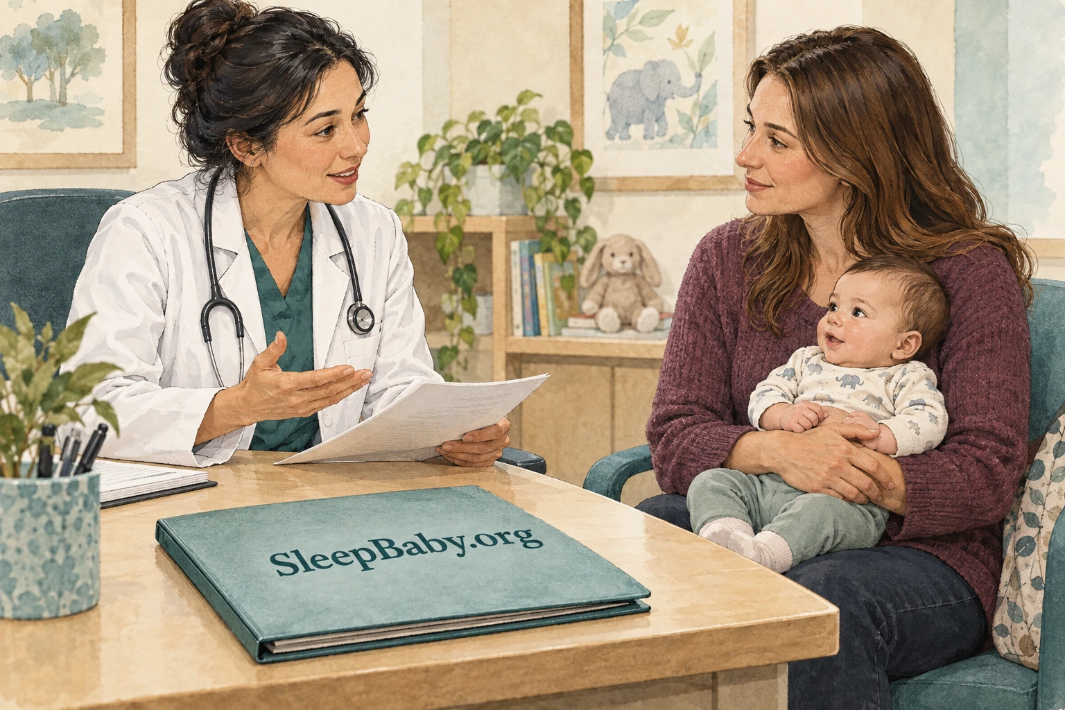 An ink and watercolor illustration of a doctor speaking with a parent who securely holds an awake infant, with a document folder on the desk.