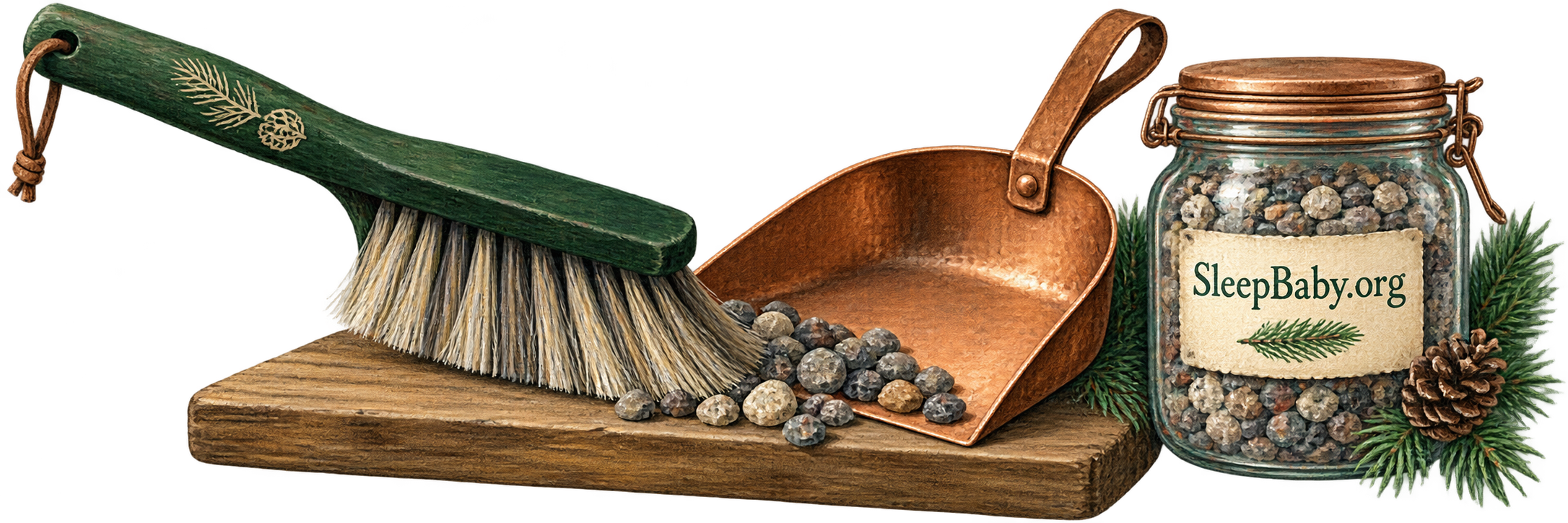 A brush sweeps pebbles into a dustpan beside a closed gravel jar.