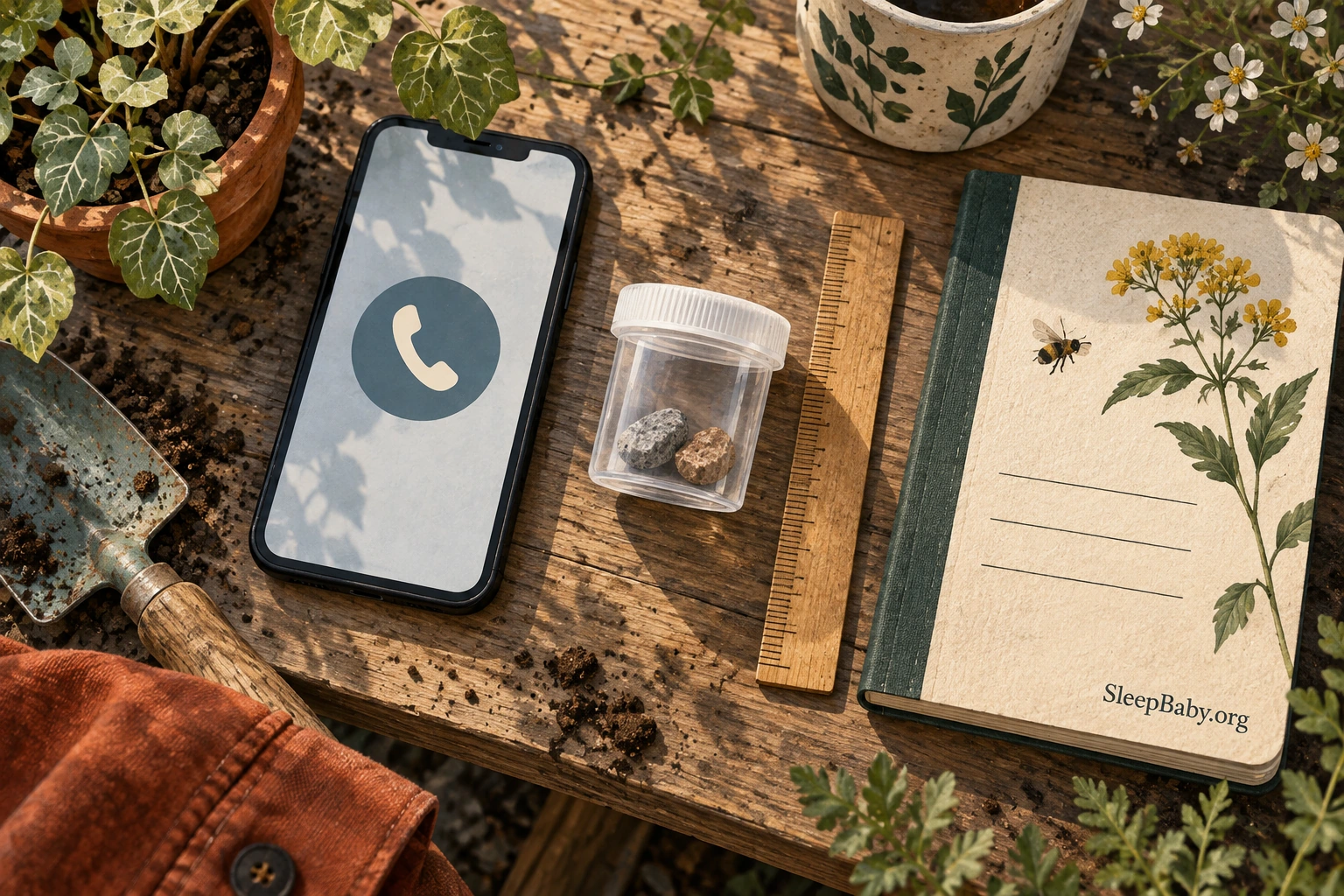 A phone, closed gravel sample, ruler and notebook on an adult workbench.
