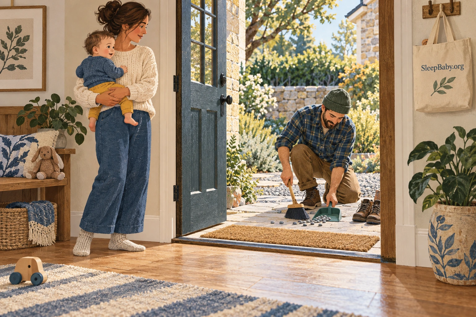 One adult sweeps stones from a doorway while another safely holds the baby indoors.