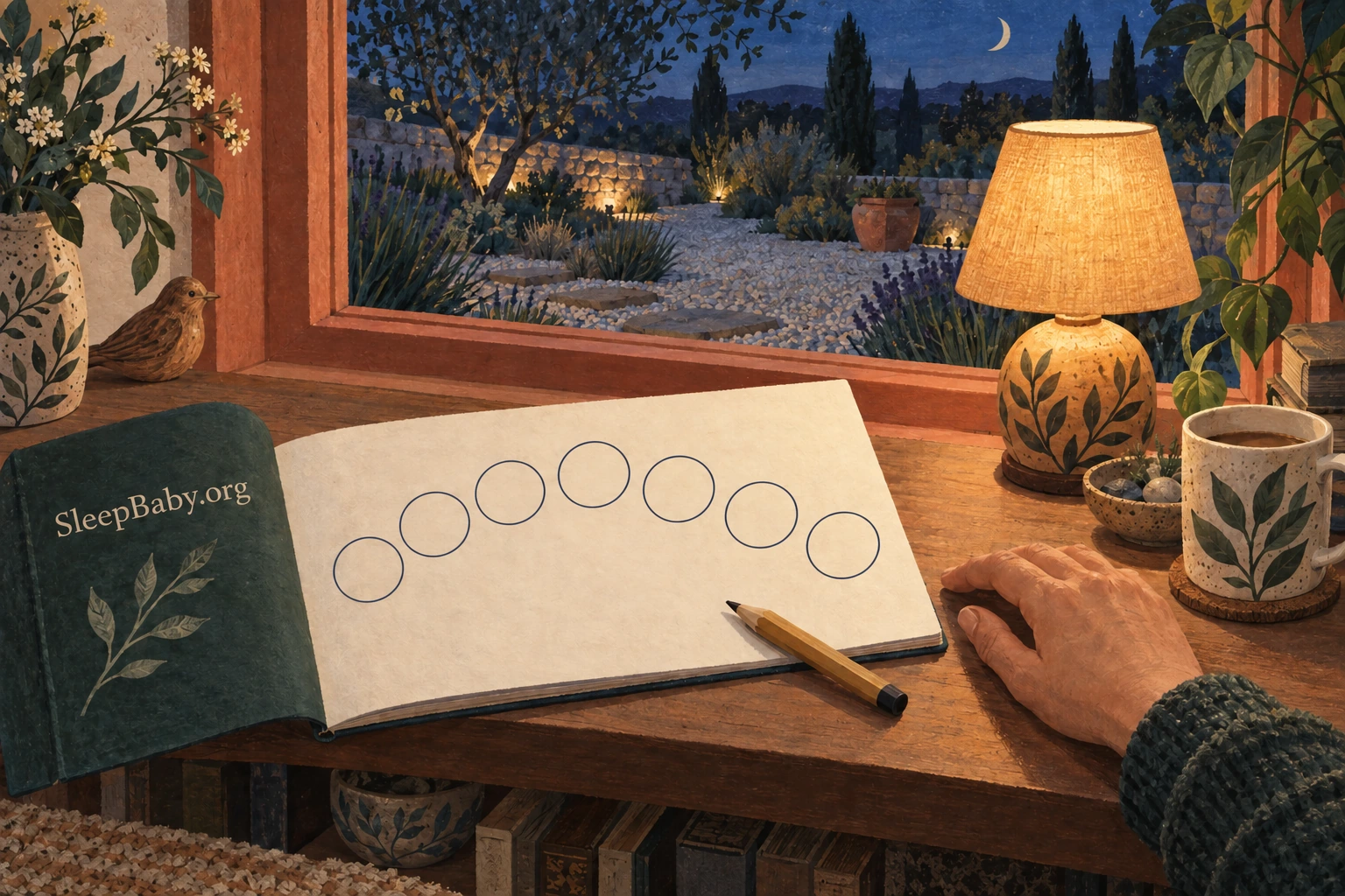 An evening notebook with seven empty circles beside a lamp overlooking a garden.