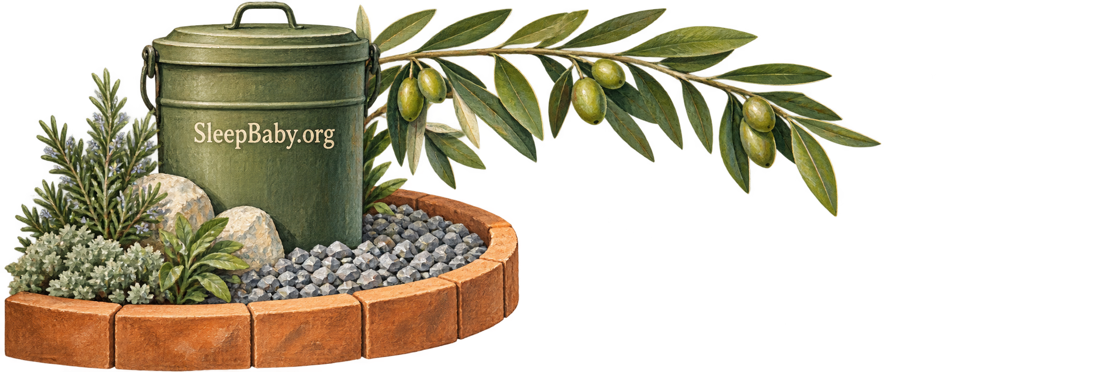 A closed garden bucket and gravel bed contained by a terracotta edge beneath an olive branch.