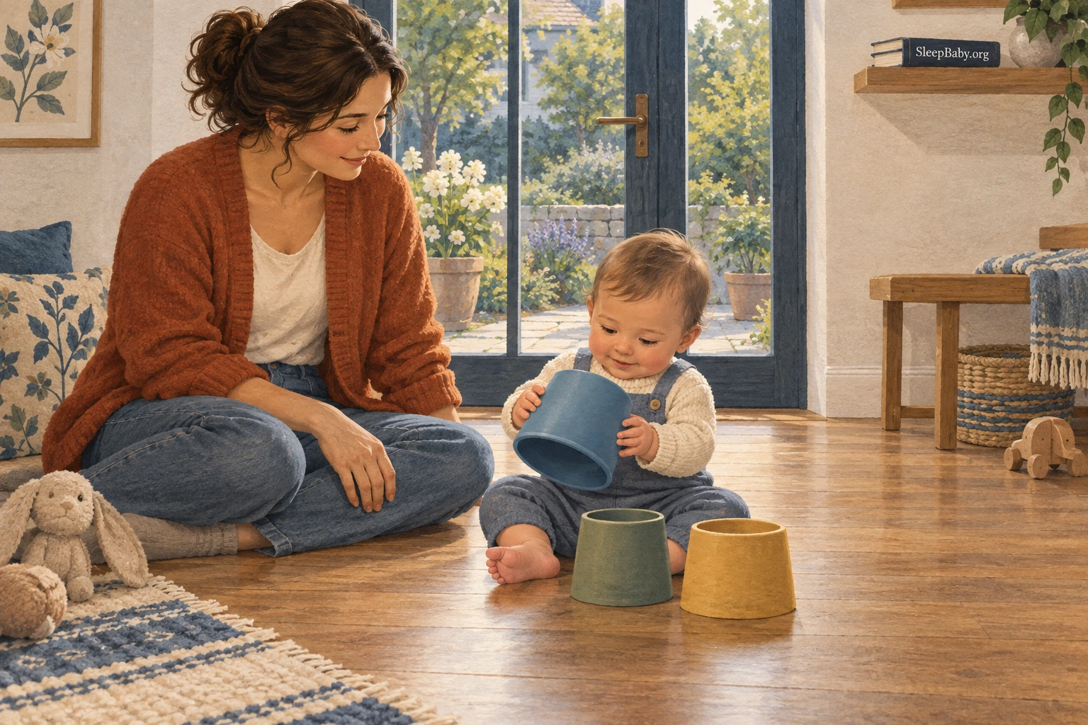 A seated adult supervises an alert baby playing with large stacking cups on a clear floor.