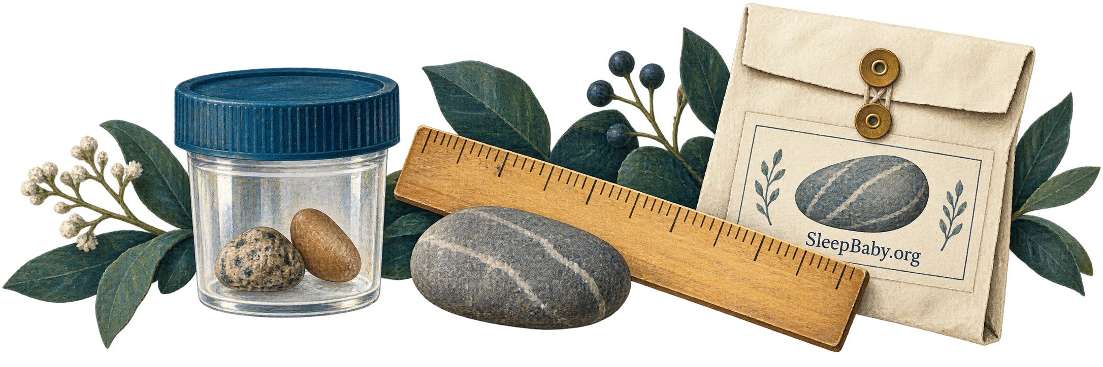 A lidded pebble sample, ruler, stone and field-note envelope.