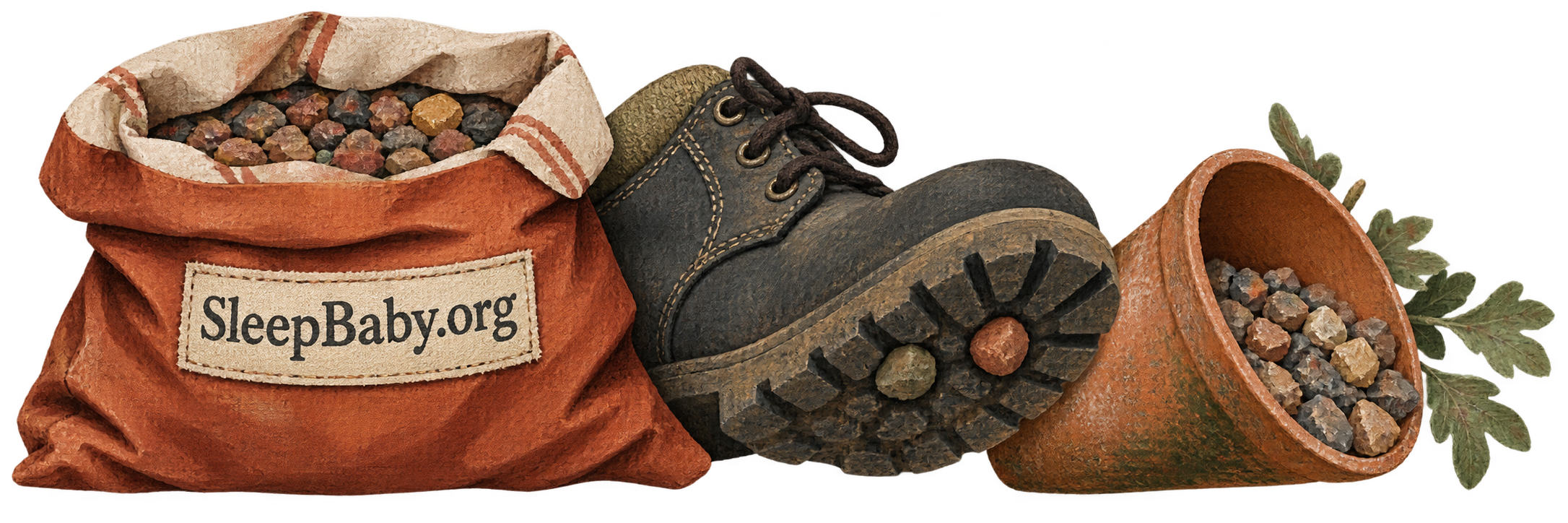 A gravel sack, a gardening shoe with stones in its tread, and a tipped pot.