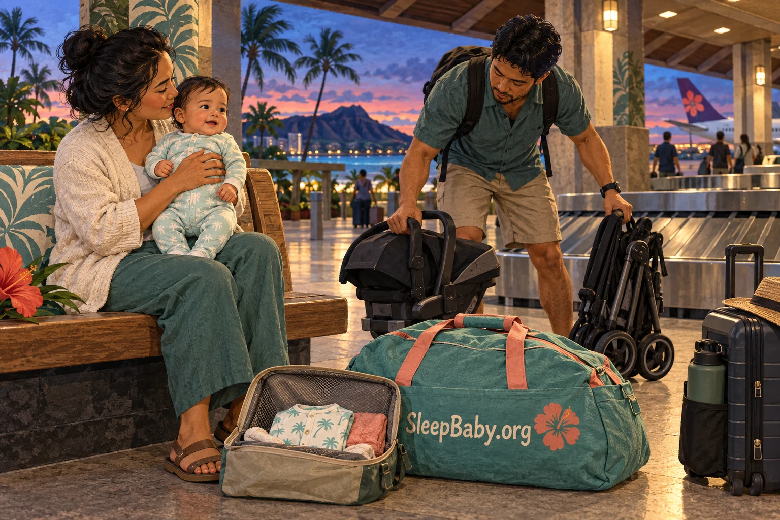 One parent holds an awake baby while another gathers a car seat, folded stroller, and bags at a Hawaiian airport.