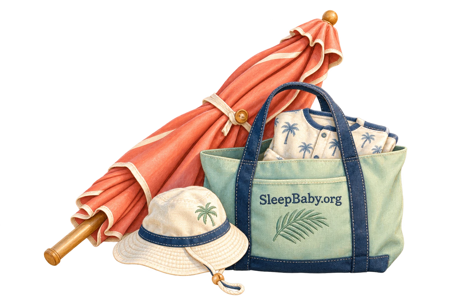 A folded coral parasol stands beside a beach tote with pajamas and a brimmed sunhat.
