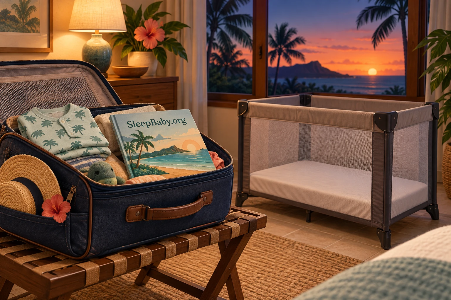An open suitcase, folded pajamas, and a bedtime book sit near an empty travel cot in an island hotel room.