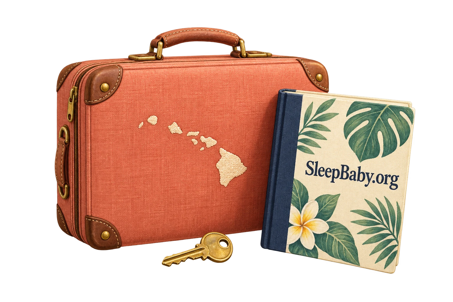 A coral suitcase with an island motif stands beside a palm-patterned bedtime book and a home key.