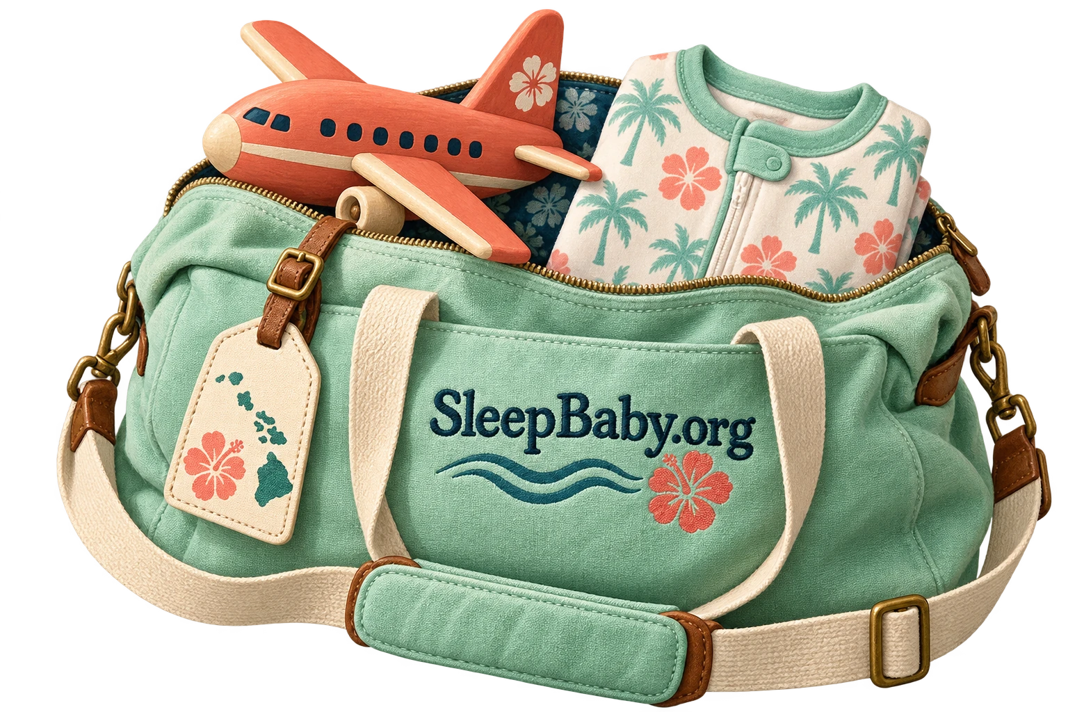 A travel bag holds folded pajamas beside a coral toy airplane and a floral luggage tag.