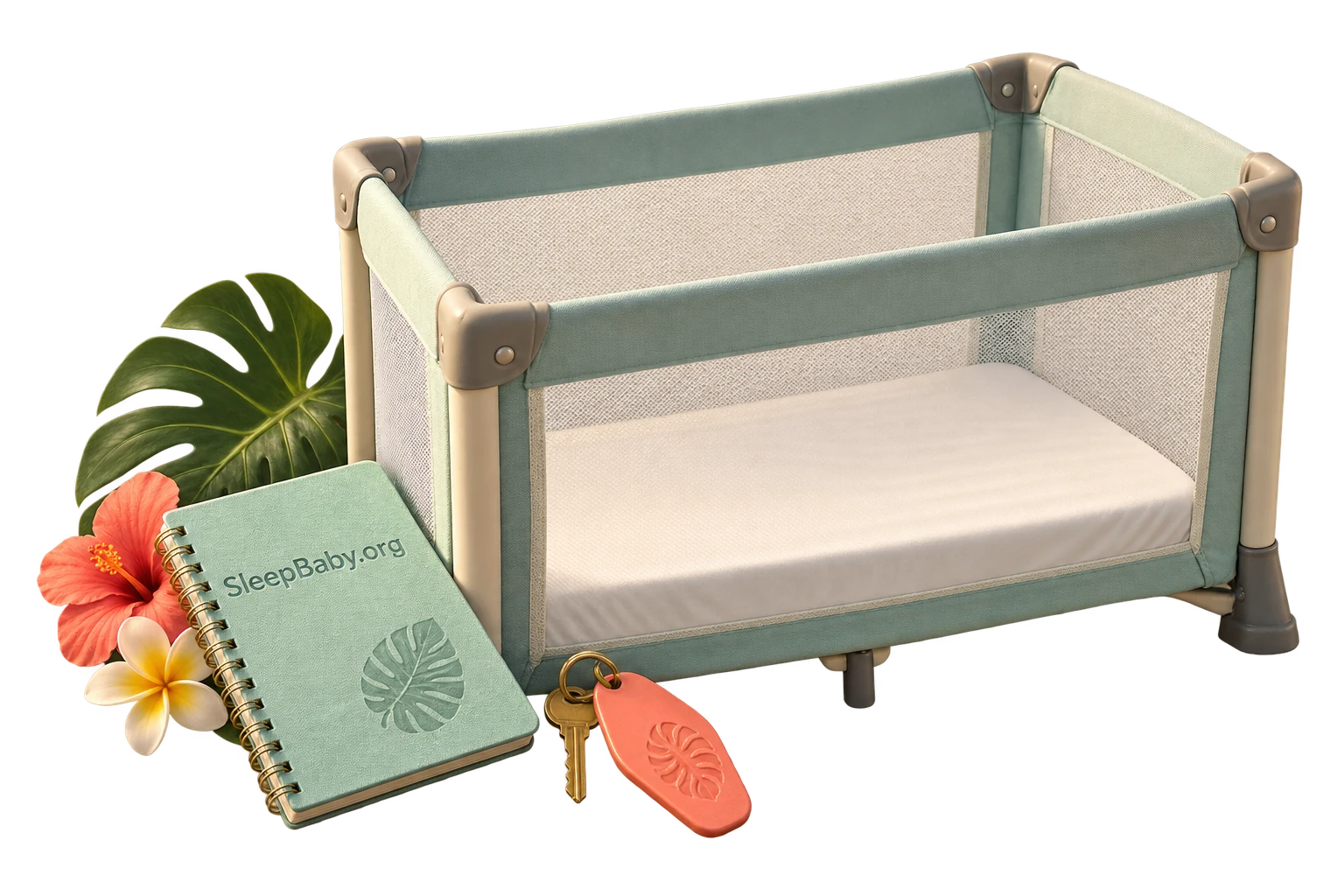 An empty mesh travel cot stands behind a reservation notebook and a coral hotel key fob.