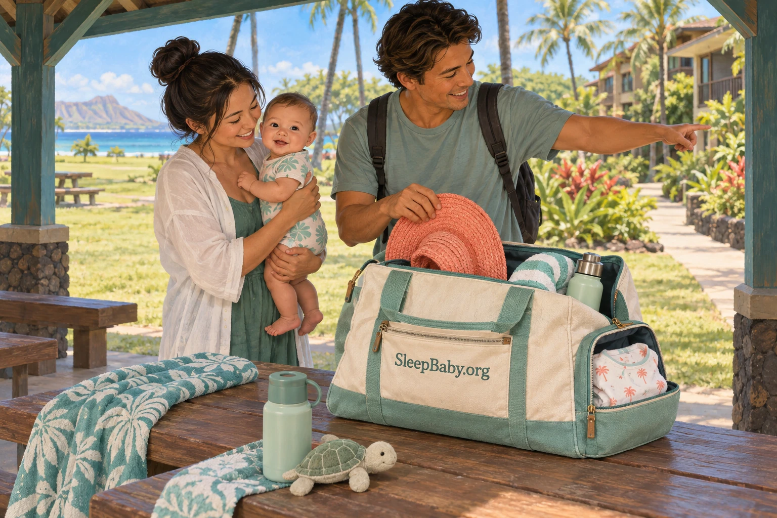 Parents hold an awake baby in pavilion shade and pack a beach bag well back from the ocean.