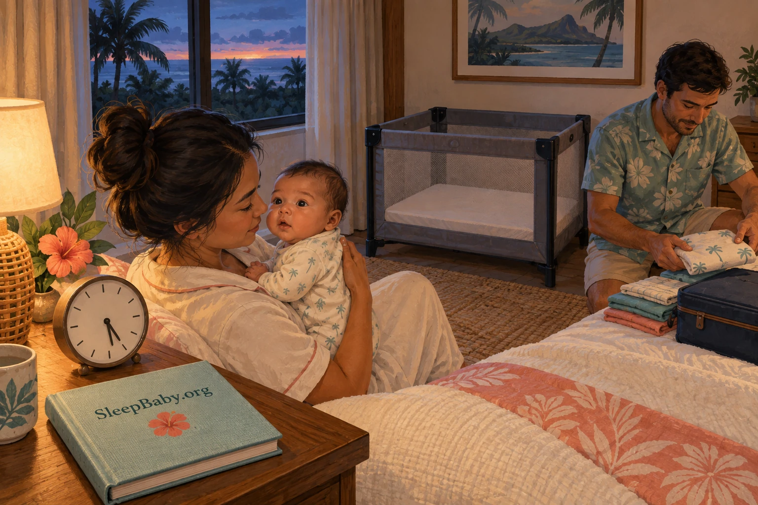 A caregiver holds an awake baby before dawn beside a clock, while another adult prepares clothes near an empty cot.
