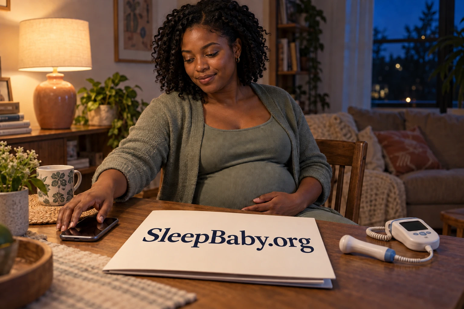 A pregnant woman reaches toward her phone beside a prenatal folder, with an unused fetal Doppler at the edge of the table.
