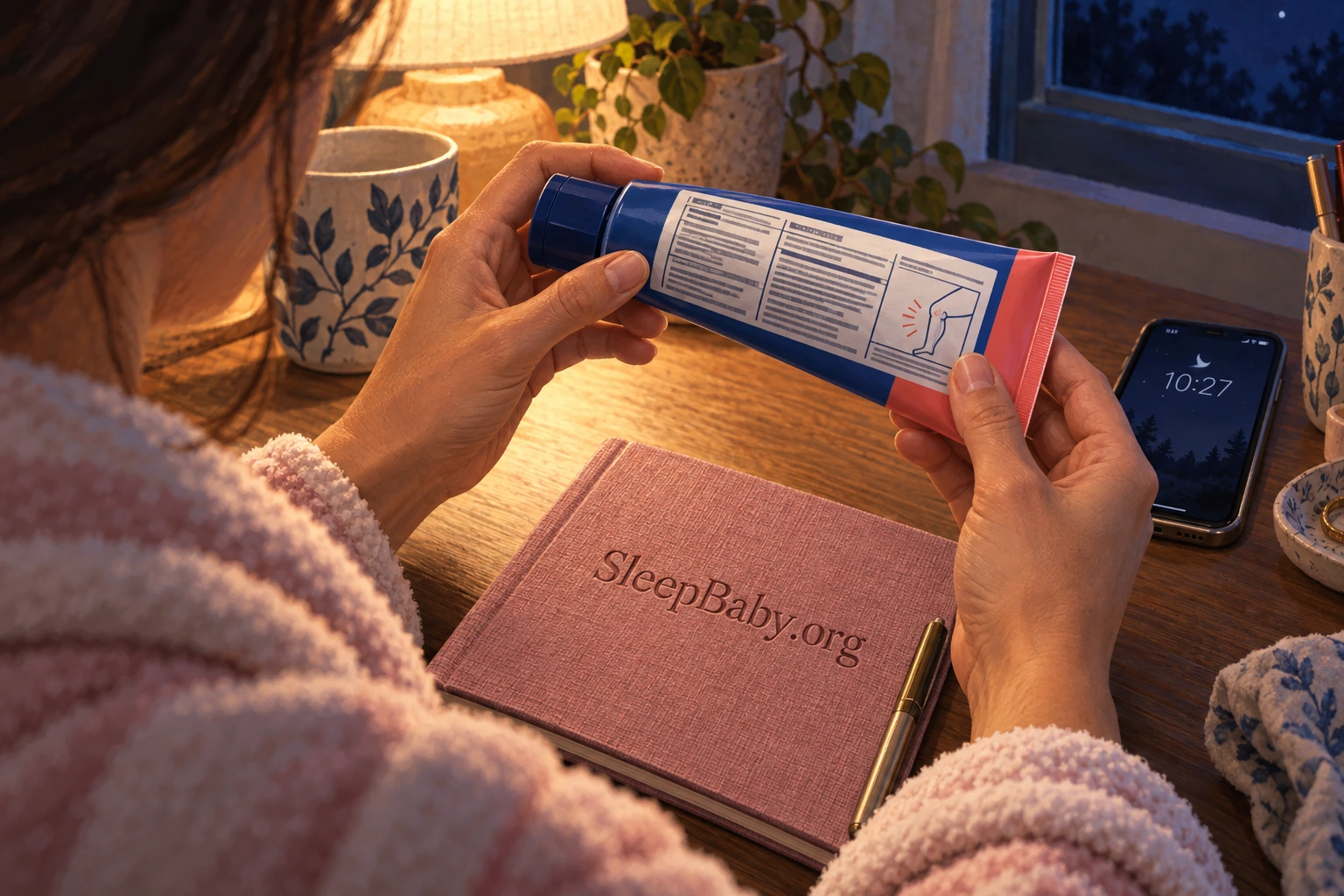 A caregiver turns a blue and coral topical-rub tube to inspect its back label beside a phone and cloth notebook.