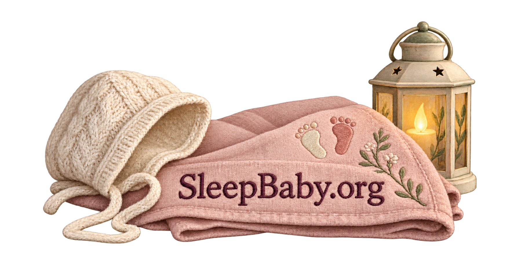 A tiny knitted infant bonnet and folded footprint keepsake cloth rest beside an enclosed glowing lantern.