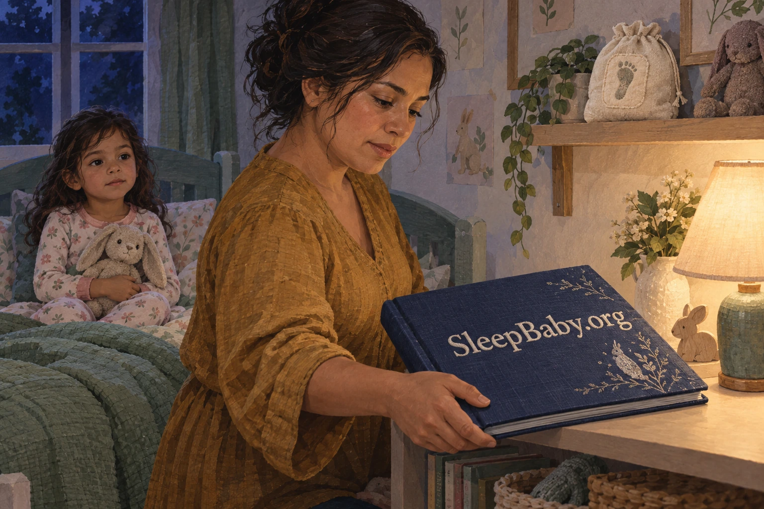 An adult sets out a bedtime book beside an awake older child, with an infant footprint remembrance pouch on a separate shelf.