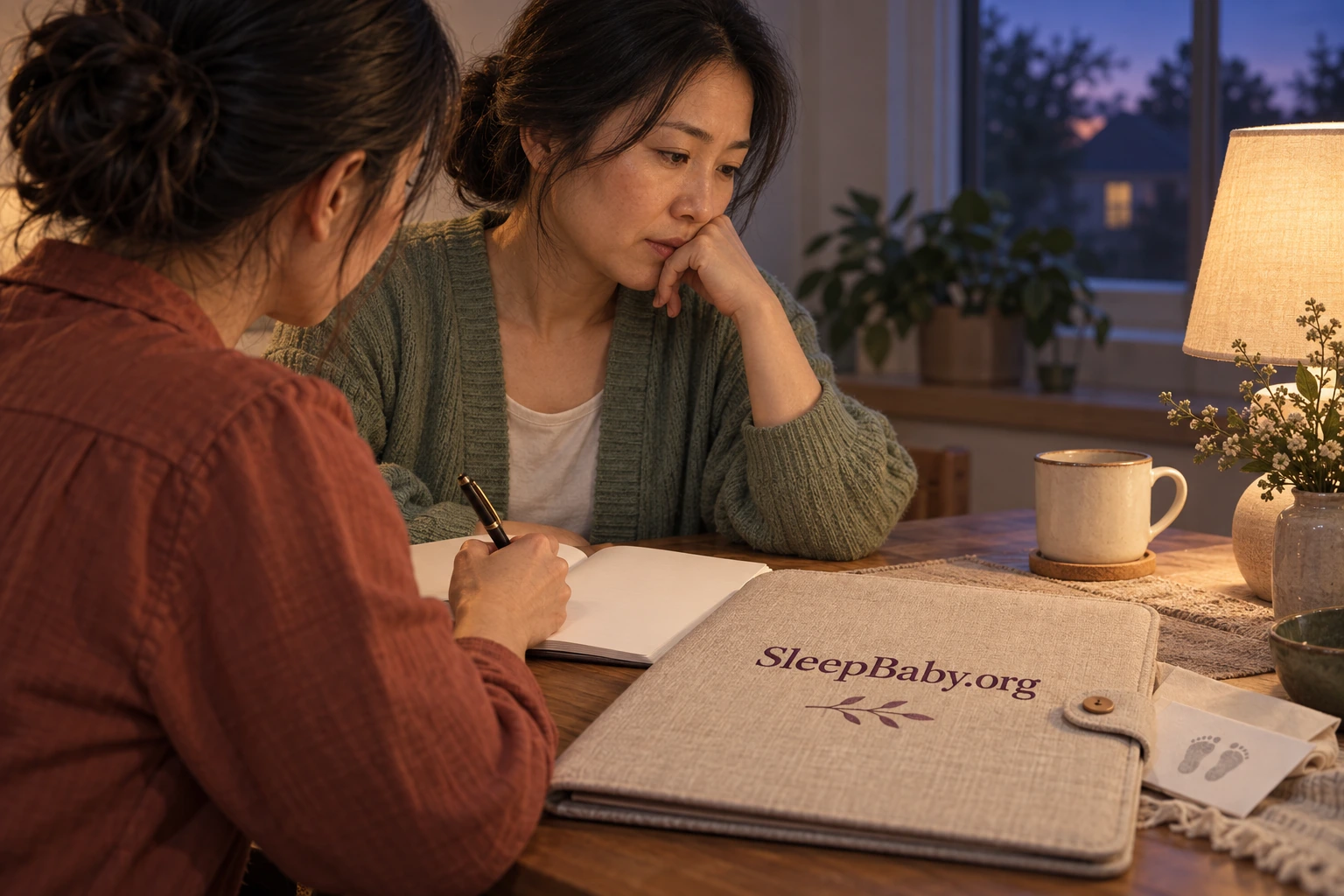 One adult writes in a notebook while another sits beside her, with an appointment folder and infant footprint envelope on the evening table.