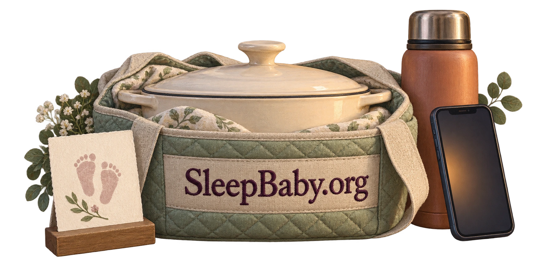 A covered casserole in a cloth carrier sits beside a thermos, phone, and infant footprint remembrance card.