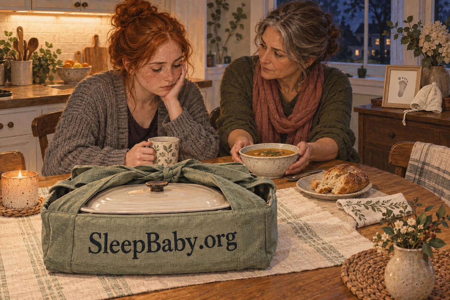 A companion offers a bowl of soup to a seated adult, with a covered meal carrier in front and an infant footprint keepsake nearby.