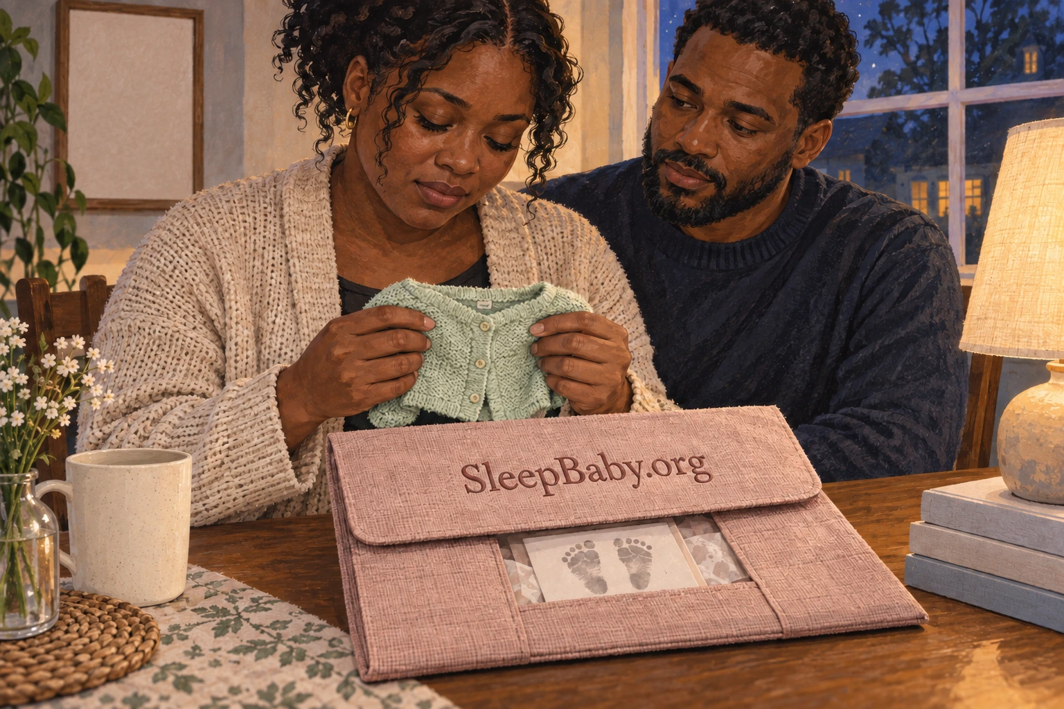 A parent holds a tiny green infant cardigan while a companion sits close, with a footprint keepsake folio on the table.
