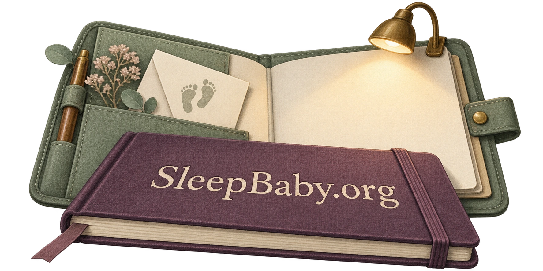 An open appointment folio holds an infant footprint envelope behind a closed question notebook and a small reading light.