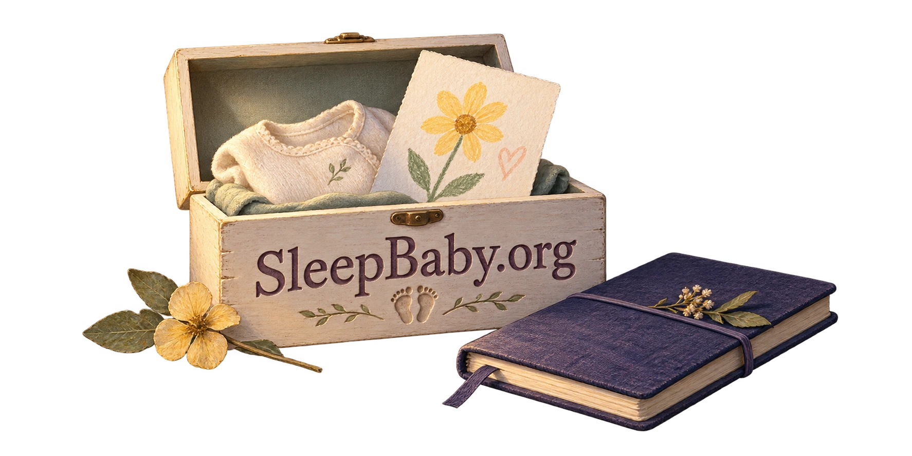 An open infant memory chest holds a tiny garment and a child’s flower drawing, beside a pressed flower and closed journal.