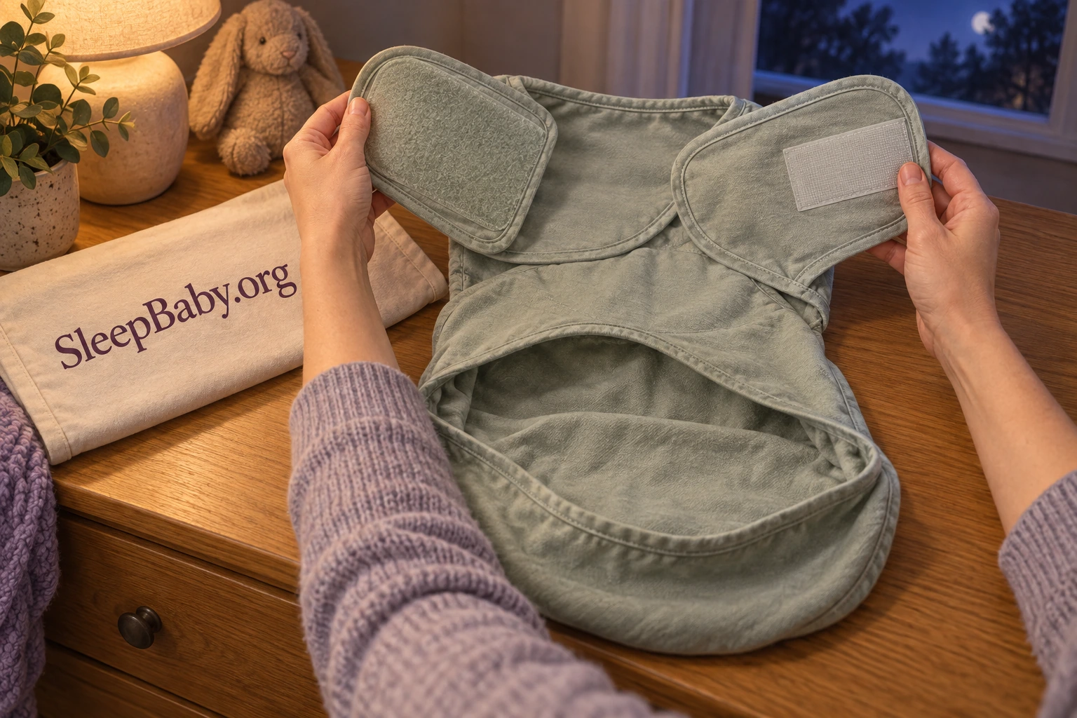Hands inspecting an open swaddle with wide fastening panels and a roomy lower pouch.
