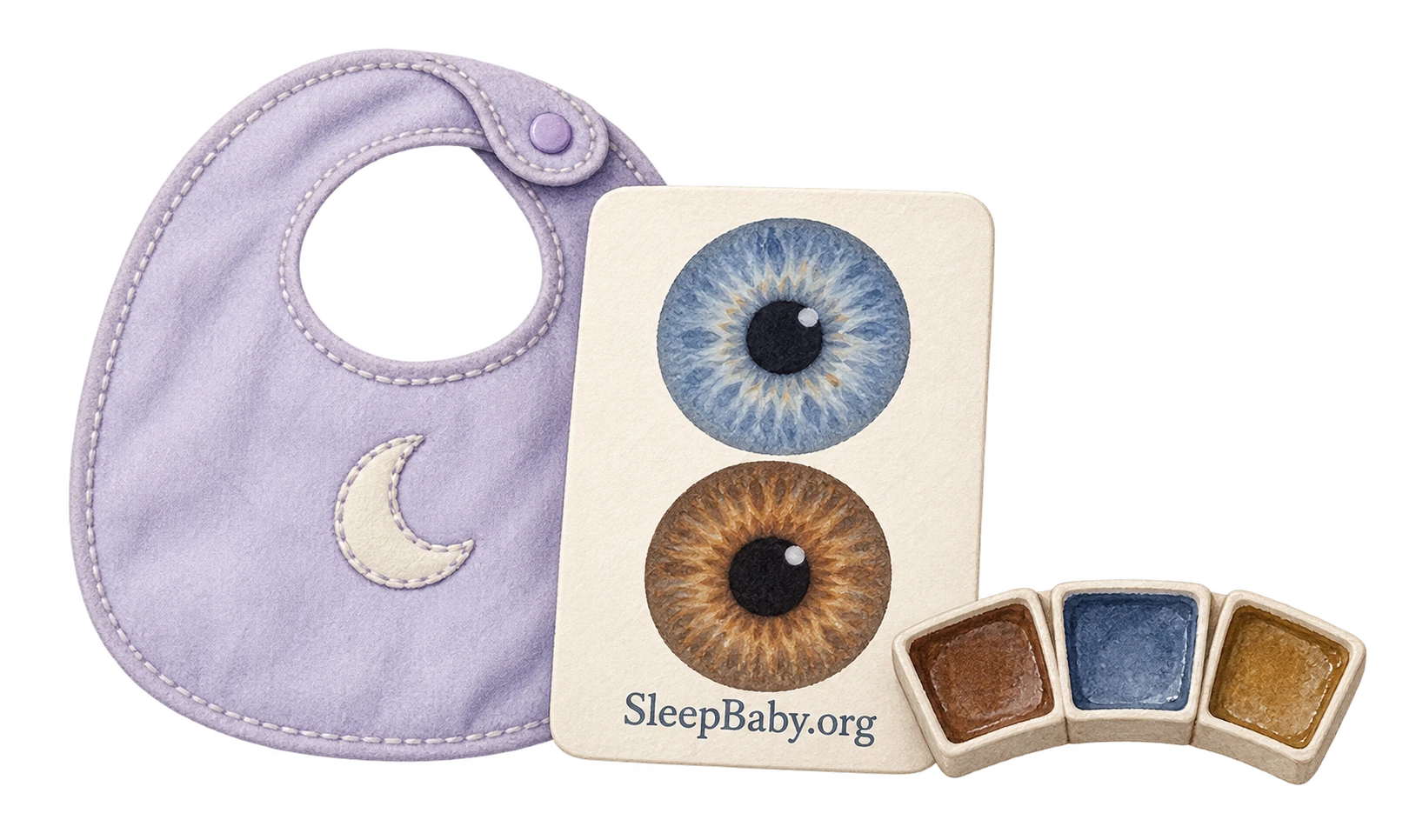 Transparent gouache cluster of blue and brown iris drawings on a SleepBaby.org card, pigment pans and a lilac crescent-moon bib.