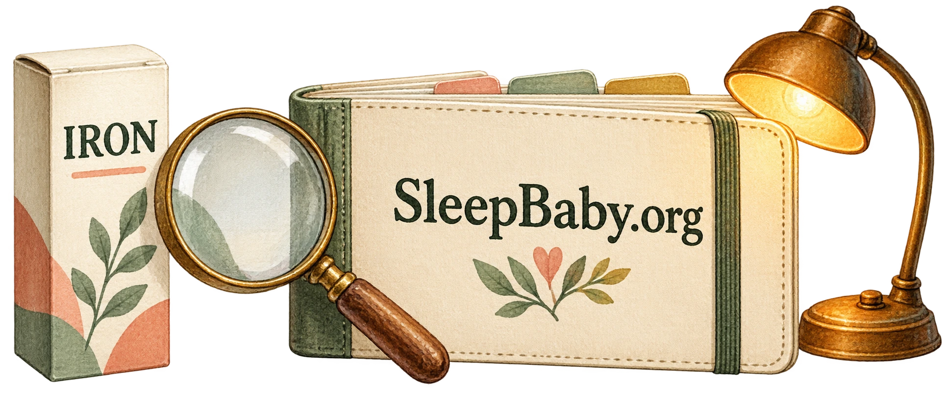 An illustrated iron carton, magnifier, SleepBaby.org record notebook, and reading lamp on a transparent background.