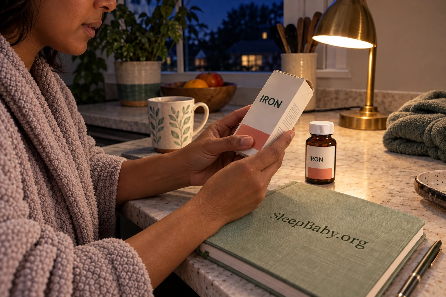 An adult reads an iron carton beneath a lamp beside a capped bottle and a sage SleepBaby.org notebook.