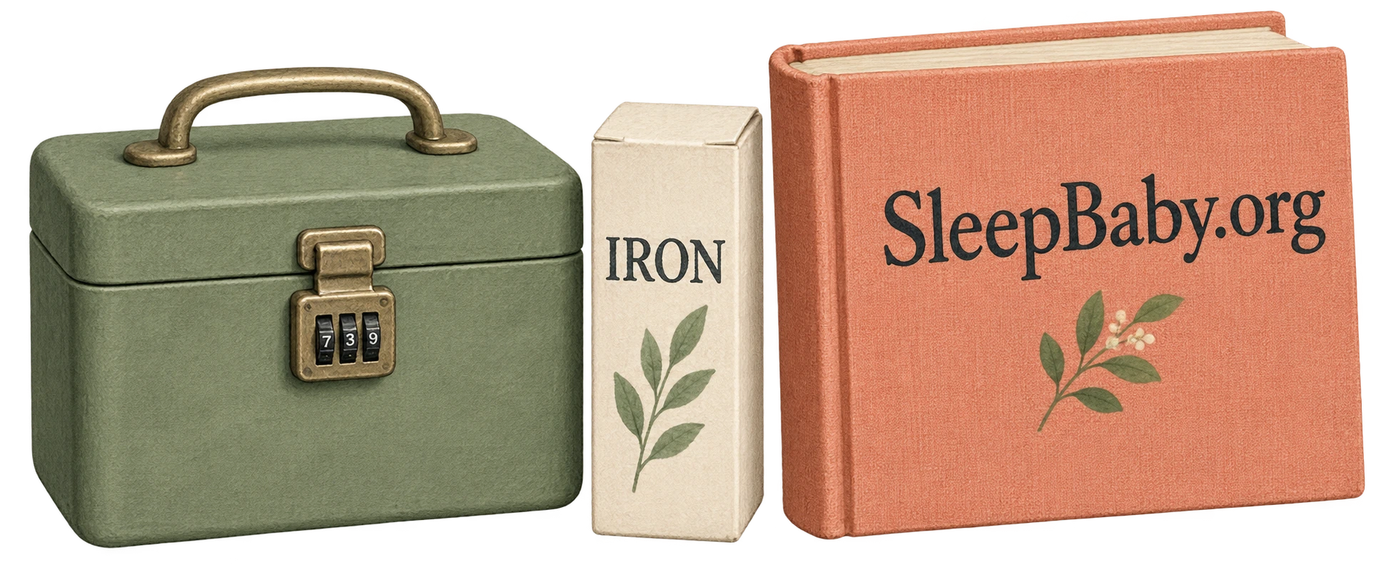 An illustrated closed combination lockbox, iron carton, and coral SleepBaby.org bedtime book on a transparent background.