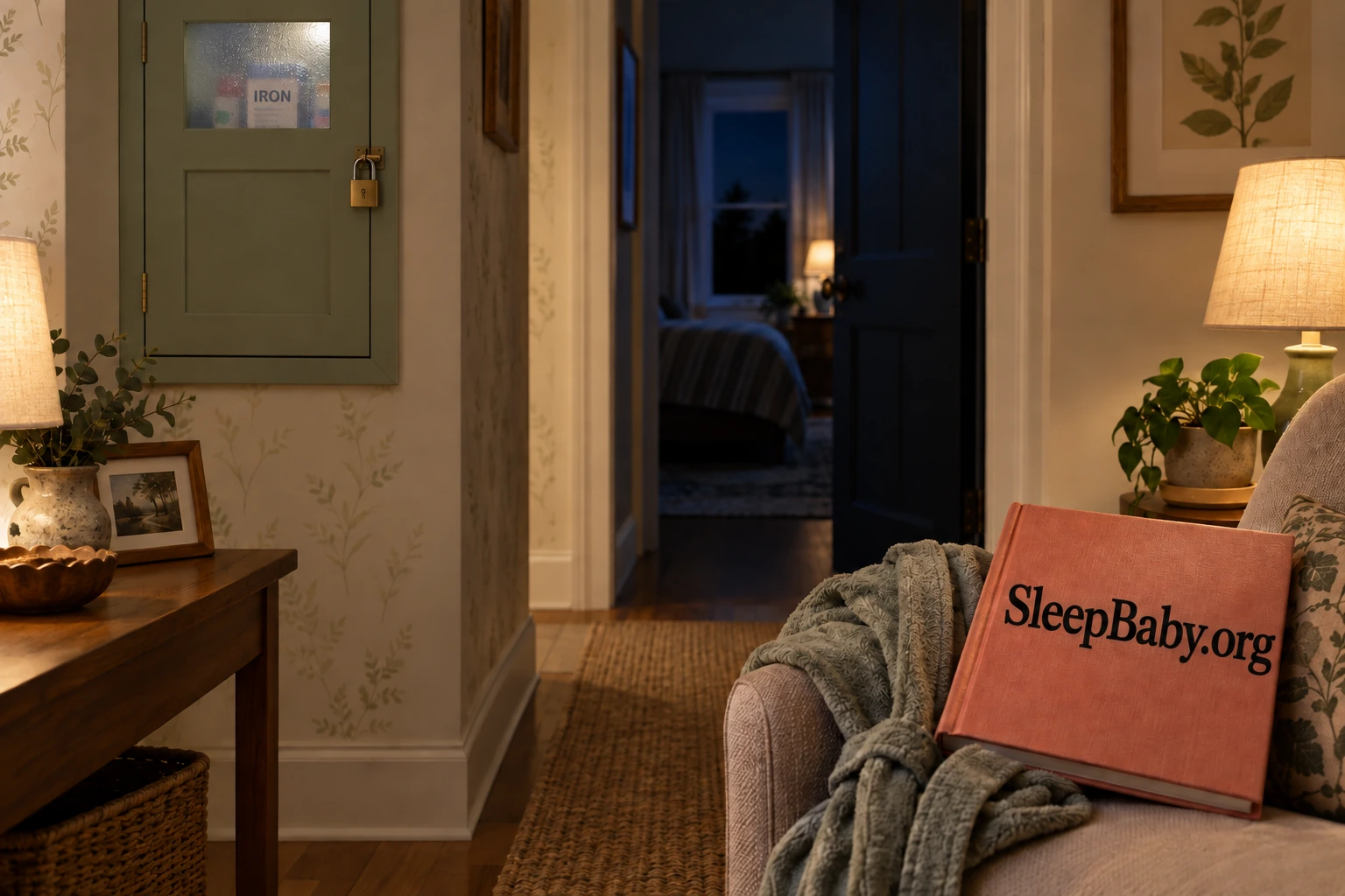 A locked medicine cupboard and a coral SleepBaby.org bedtime book occupy separate sides of a warmly lit hallway.