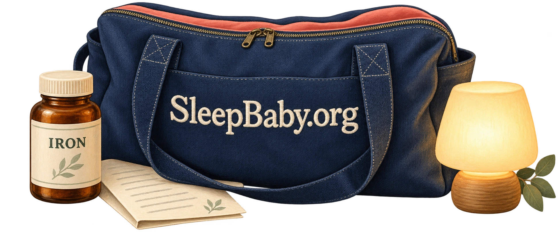 An illustrated zipped SleepBaby.org medication bag, capped iron bottle, folded care note, and lamp on a transparent background.