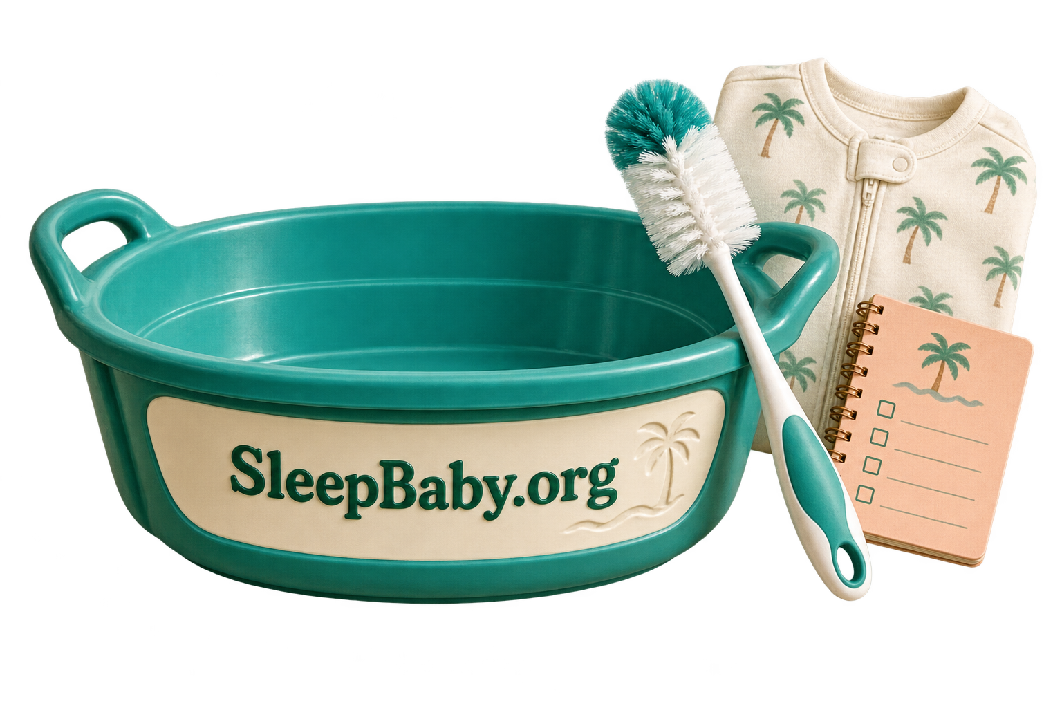 A feeding basin, bottle brush, and packed sleepwear beside an arrival checklist for setting up the room.
