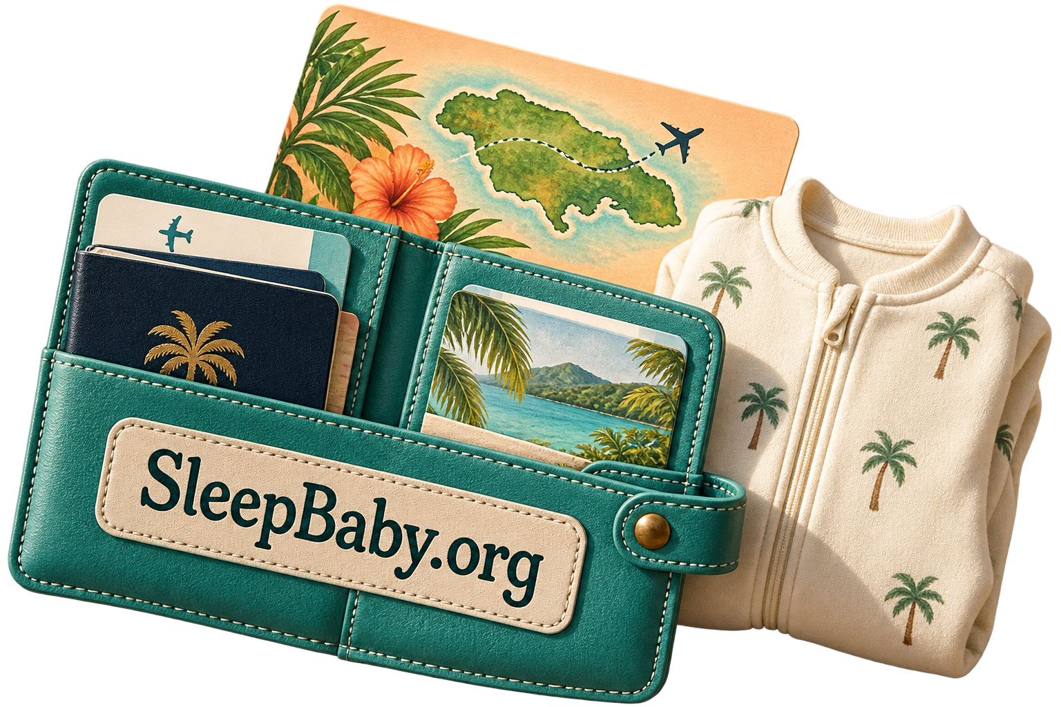 Travel wallet, Jamaica route card, and folded baby sleep clothing arranged for the first booking decisions.