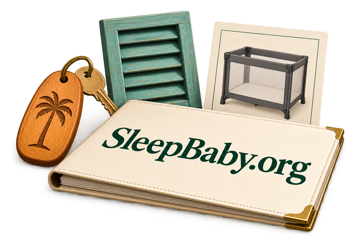Guesthouse key, louvered window sample, and an illustrated empty crib card for checking the room.