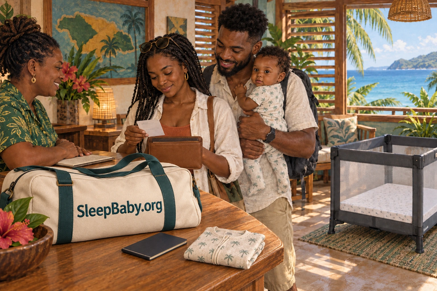 Parents checking in at a Jamaican guesthouse with an awake baby, travel bag, and separate empty infant crib.
