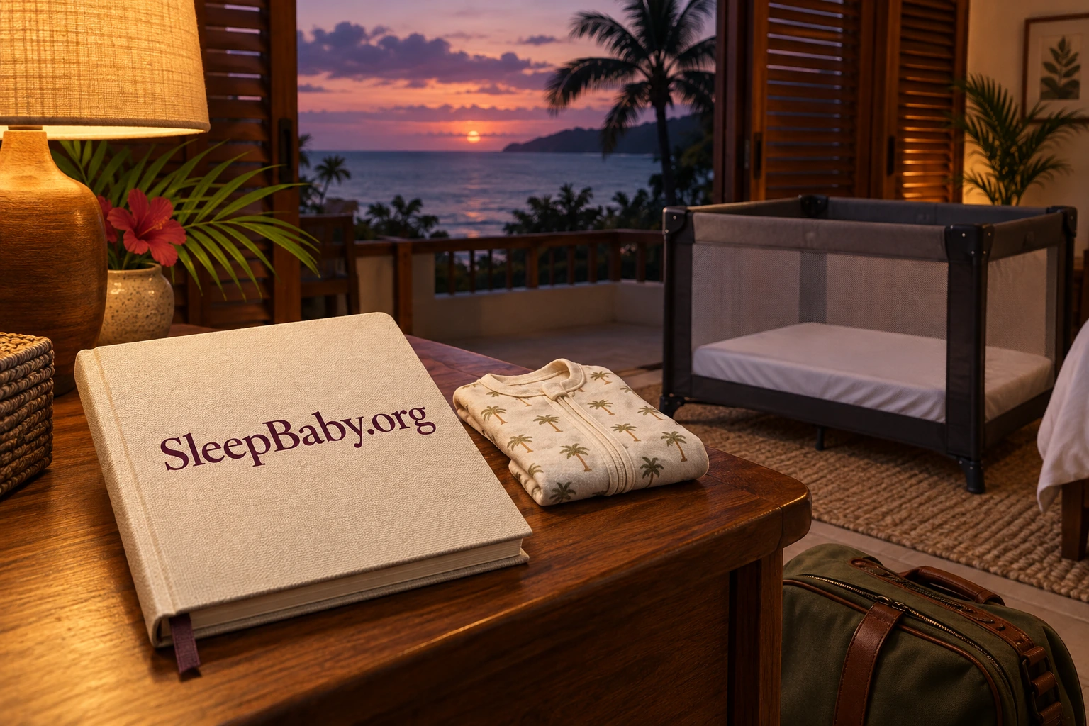 A quiet Jamaican guestroom with a bedside routine notebook, closed travel bag, and empty separate crib.