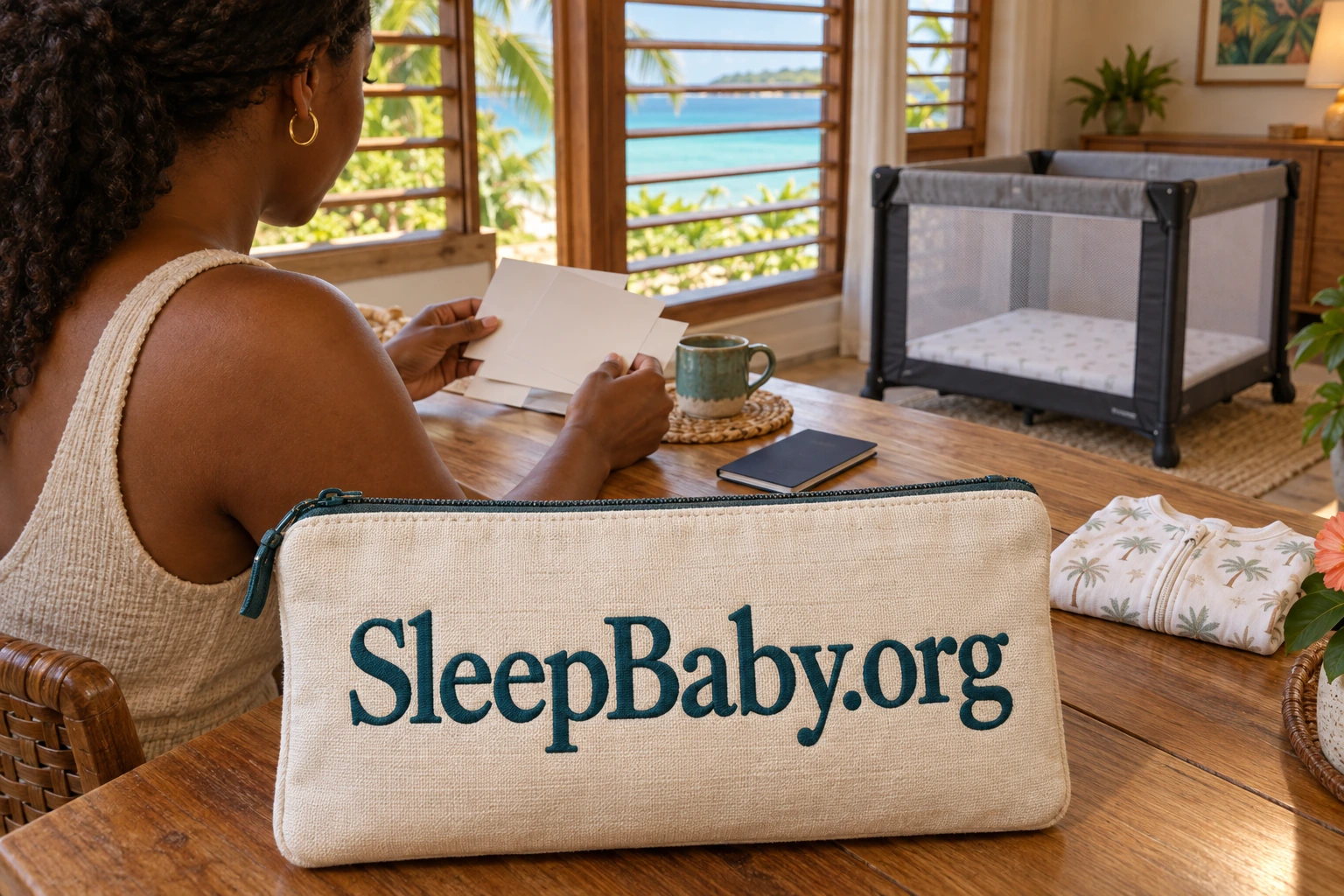 Parent reviewing a Jamaica hotel confirmation beside a travel bag and a separate empty infant sleep space.