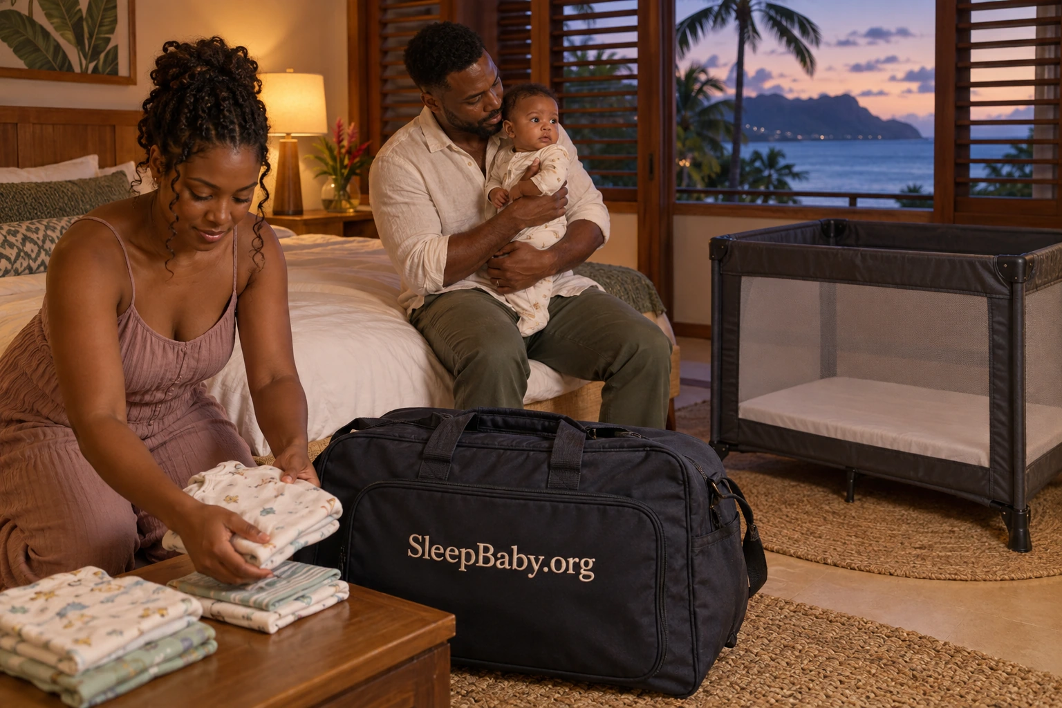 Two parents quietly arranging a guestroom for the evening, with an awake baby held upright and an empty crib nearby.